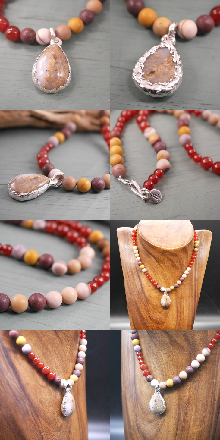 アゲート×シルバートップ　モッカイト×カーネリアンビーズ　天然石ネックレス