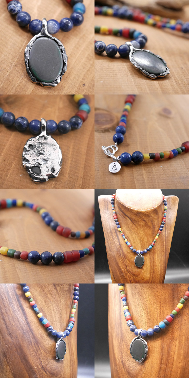 RYOKU　マラカイト×シルバートップ　ソーダーライト＆アンティークビーズ　天然石ネックレス1点モノ